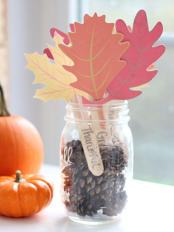 gratitude jar with leaves attached to popsicle sticks