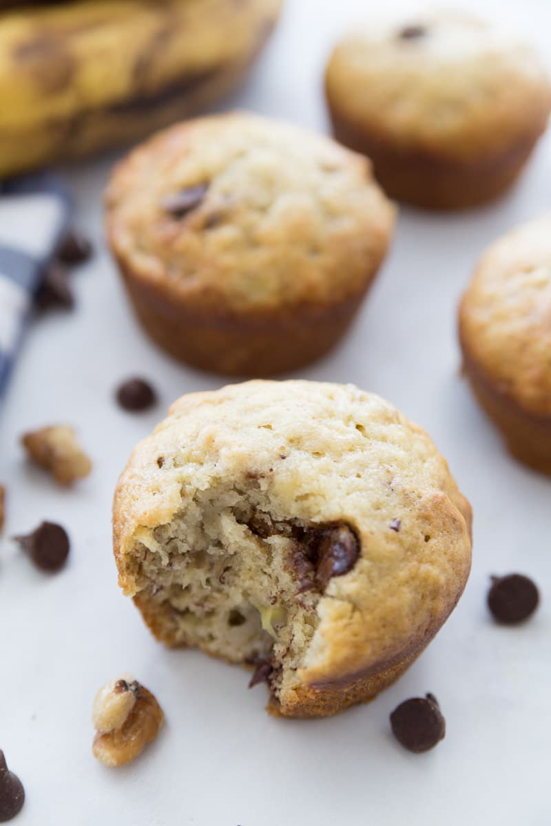 Banana chocolate chip muffins with a bite taken out