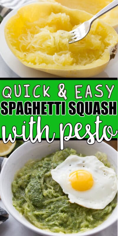 A bowl of spaghetti squash with pesto and text for Pinterest