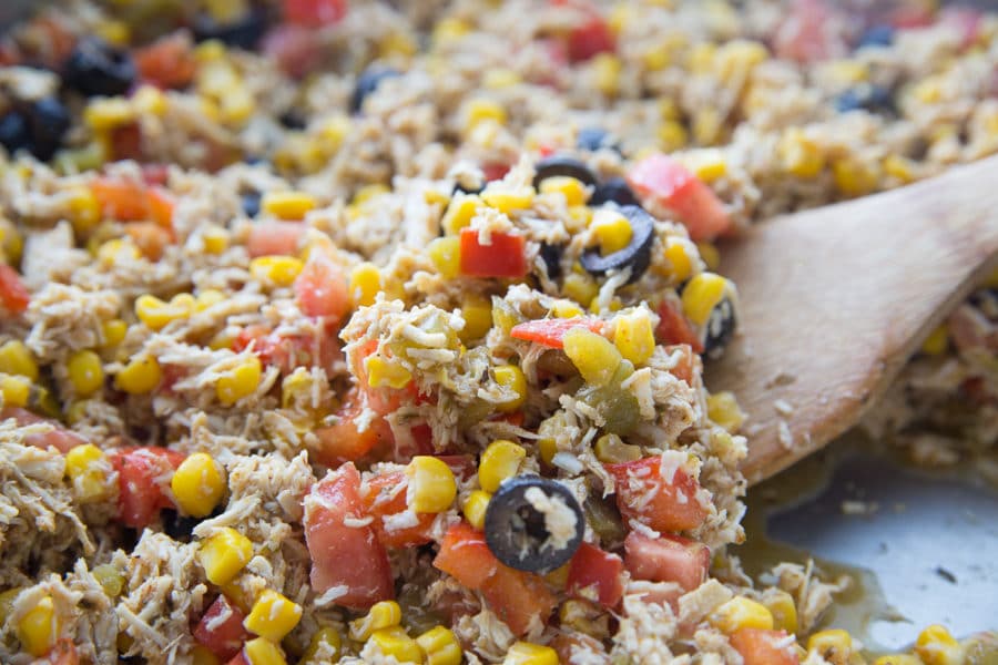 Filling for an easy chicken enchilada recipe with white sauce