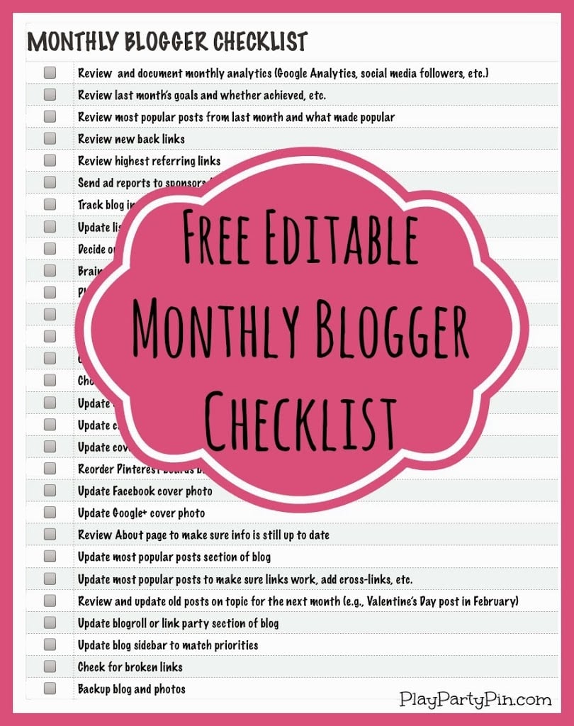 Free Printable Monthly Blogger Checklist - Play.Party.Plan