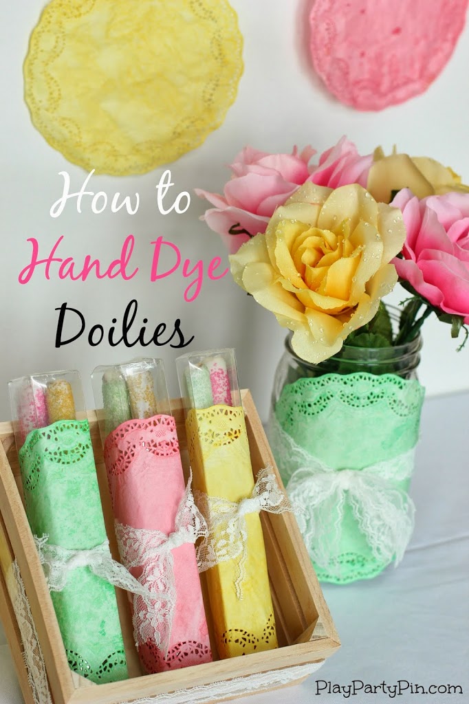 How to hand dye paper doilies from playpartyplan.com #tutorial #tips #babyshower #decorations