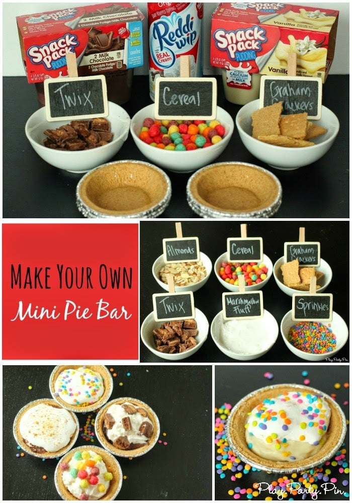 Make your own mini pie bar idea using Snack Pack pudding cups from playpartyplan.com