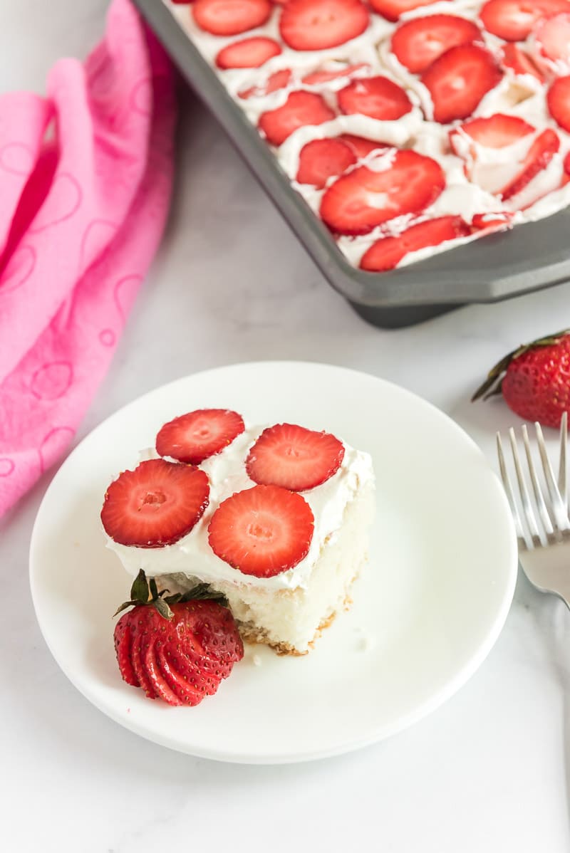 A top down shot of strawberry poke cake