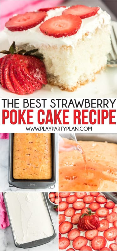 An easy and delicious strawberry poke cake recipe that makes the perfect summer dessert!