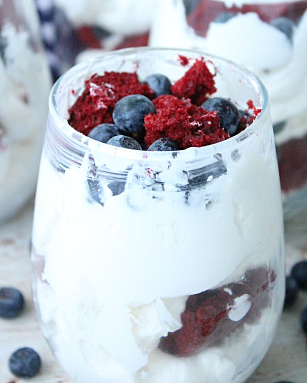 red white and blue cheesecake parfait