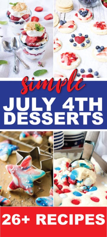 Fun and easy 4th of July desserts! Tons of great ideas including cake, cupcakes, no bake options, fruit pizza, cookies, and more! Ideas for kids, for a crowd, and and for a family party!