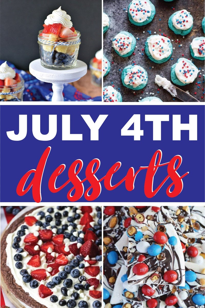 Fun and easy 4th of July desserts! Tons of great ideas including cake, cupcakes, no bake options, fruit pizza, cookies, and more! Ideas for kids, for a crowd, and and for a family party!