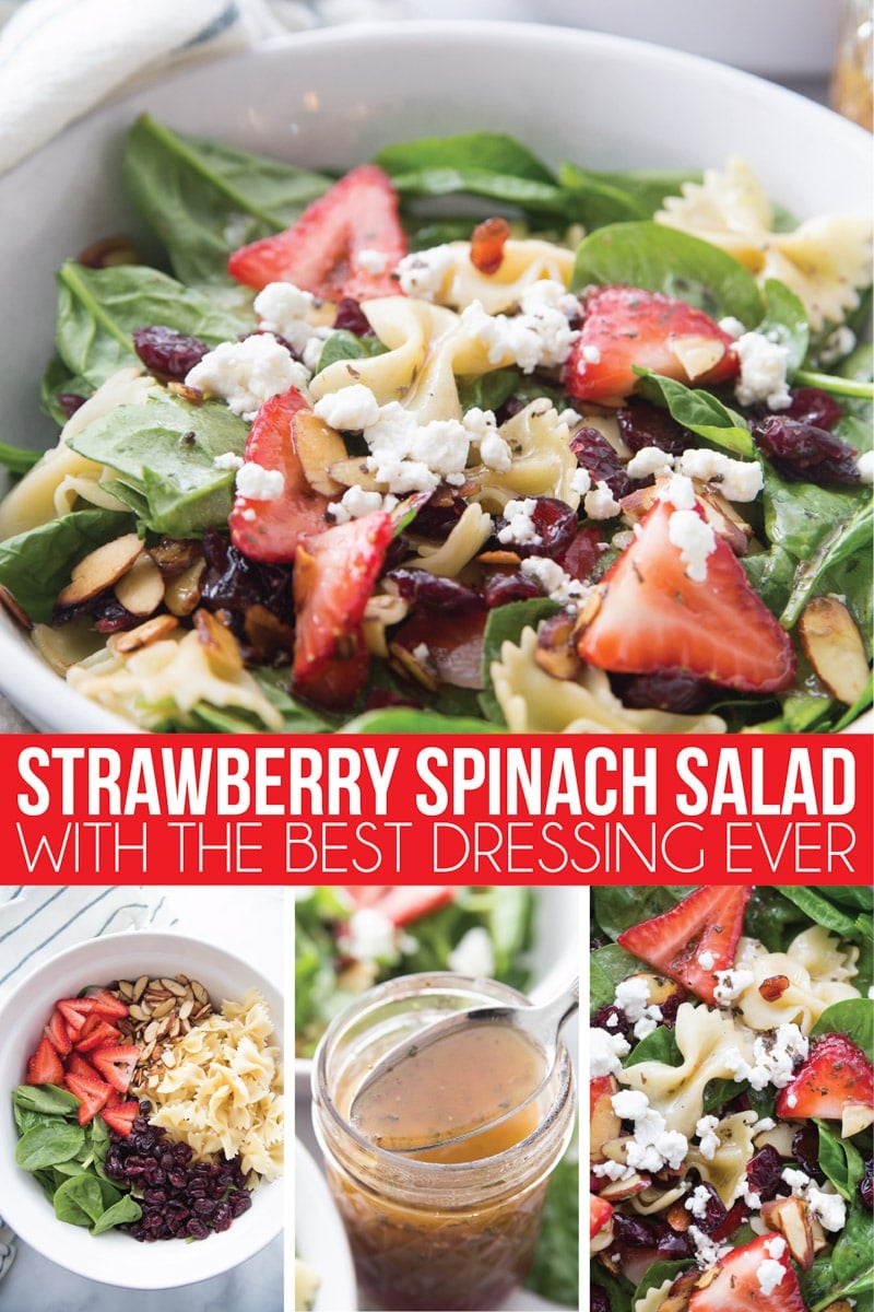 The best ever strawberry spinach salad recipe with an amazing vinaigrette! It’s easy to make, can be made with chicken for a full meal, and is seriously so good! This strawberry spinach pasta salad with almonds that’s a total winner!