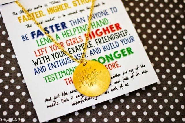 Olympic motto necklaces with leadership tie in and a free printable handout from playpartyplan.com, perfect for young women's lesson or camp 