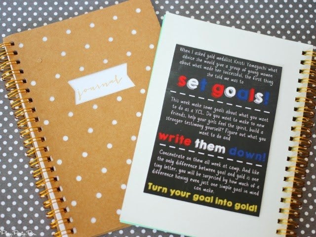 Journal and free printable setting goal handout for young women's camp handout from playpartyplan.com 