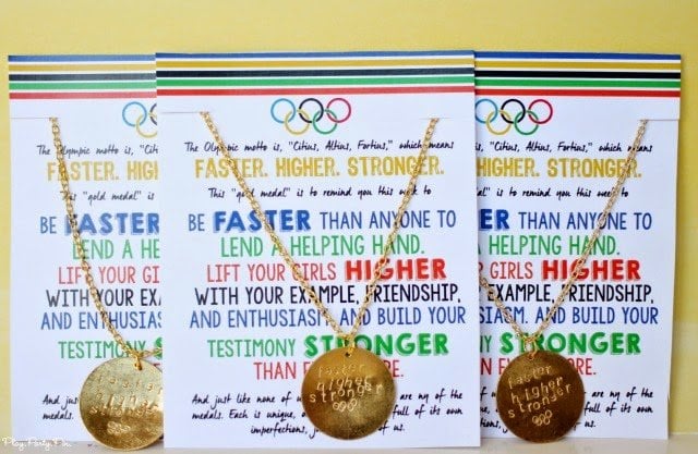 Olympic motto necklaces with leadership tie in and a free printable handout from playpartyplan.com, perfect for young women's lesson or camp 