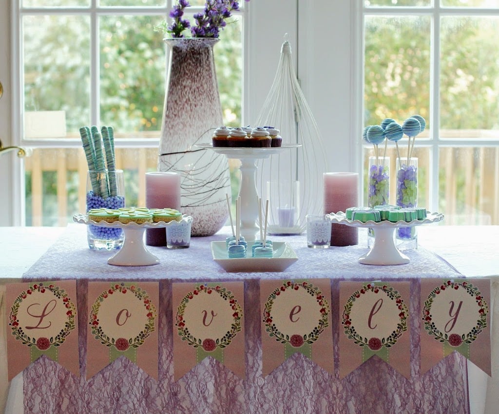 Lavender and mint dessert table ideas from playpartyplan.com