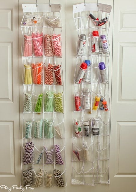 Store striped straws in an over the door shoe holder, great idea from playpartyplan.com