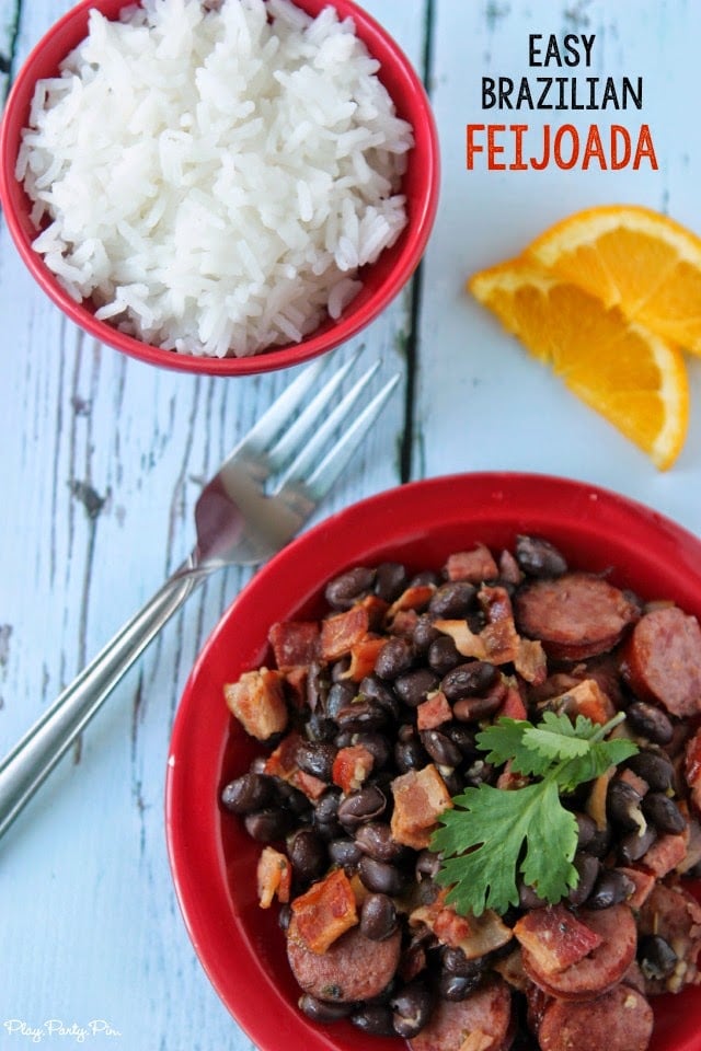 Bacon, sausage, black beans, and rice make this Brazilian feijoada the perfect comfort food, recipe from playpartyplan.com