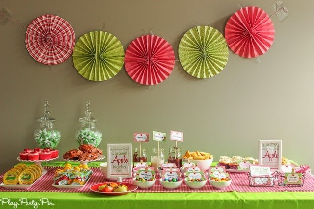 Apple party ideas including a caramel apple nacho bar and candy apple cupcakes from playpartyplan.com #FlavorOfFall #shop