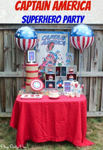 Captain America superhero party ideas from playpartyplan.com #HeroesEatMMs #shop