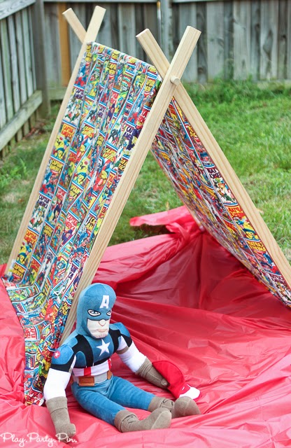 Superhero tent, perfect for a superhero party from playpartyplan.com