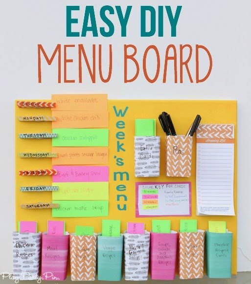 Easy DIY weekly menu board from playpartyplan.com - combination meal planner + weekly menu board