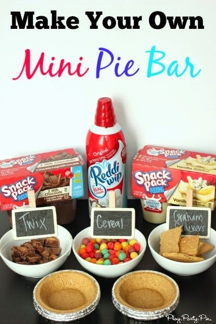 Make your own mini pie bar idea using Snack Pack pudding cups from playpartyplan.com