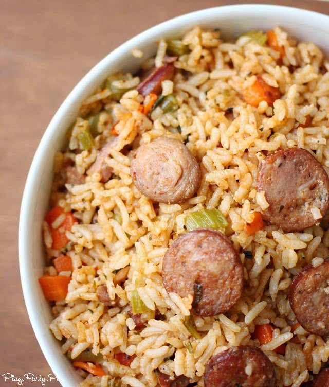 Easy cajun sausage jambalaya recipe from playpartyplan.com