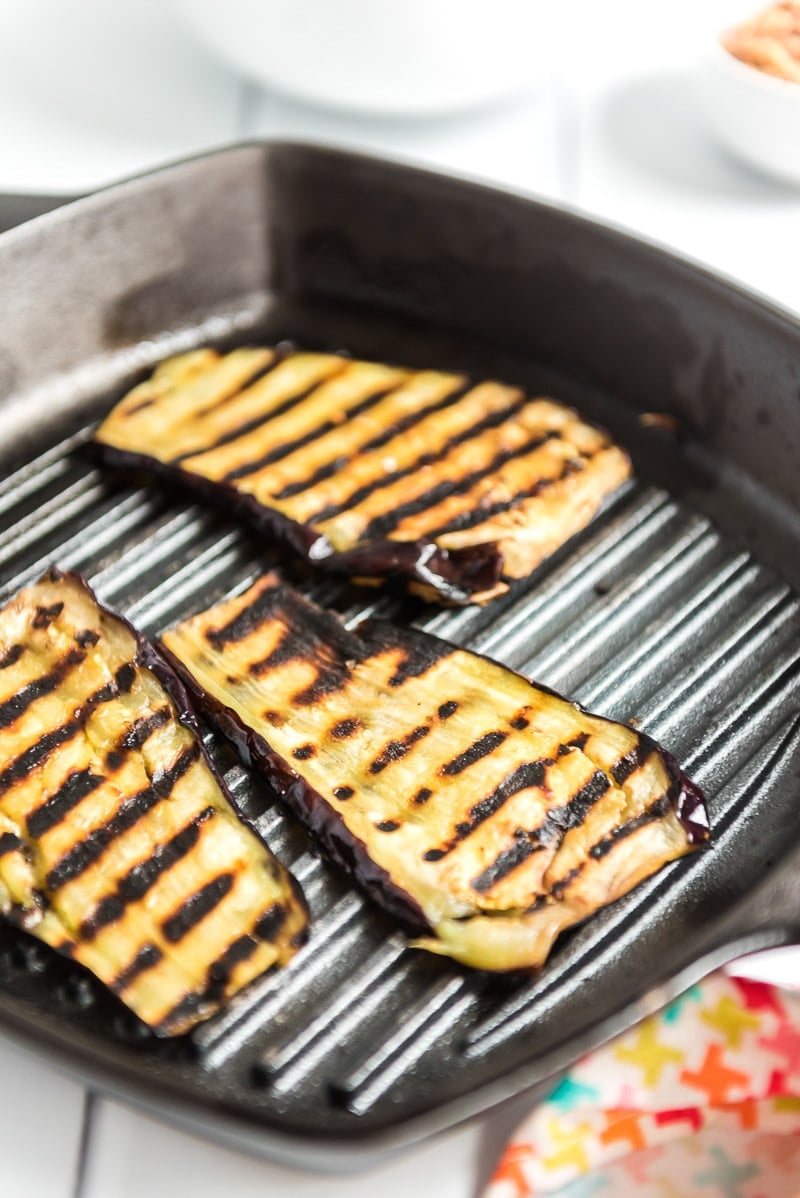 sliced eggplant on a grill pan