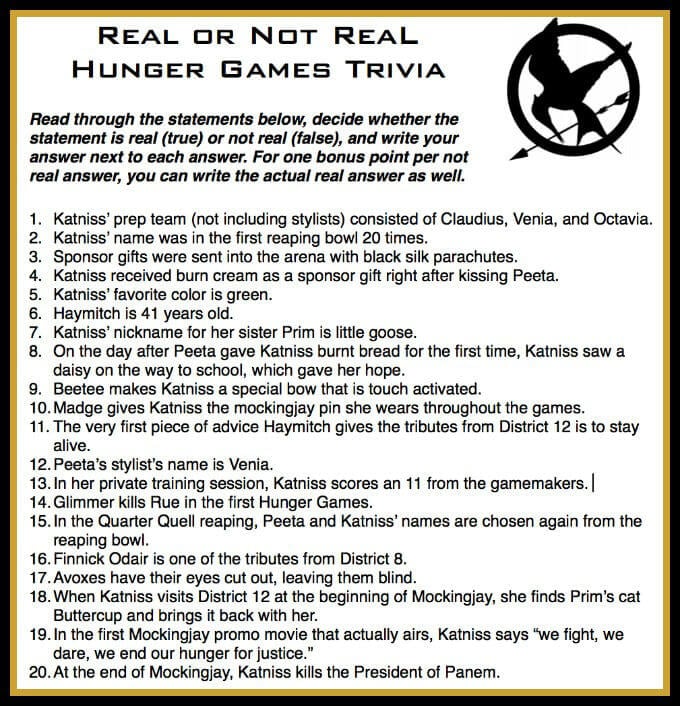 This free printable Real or Not Real trivia is just one of three great Hunger Games games on this site! Perfect for playing before watching Mockingjay. 