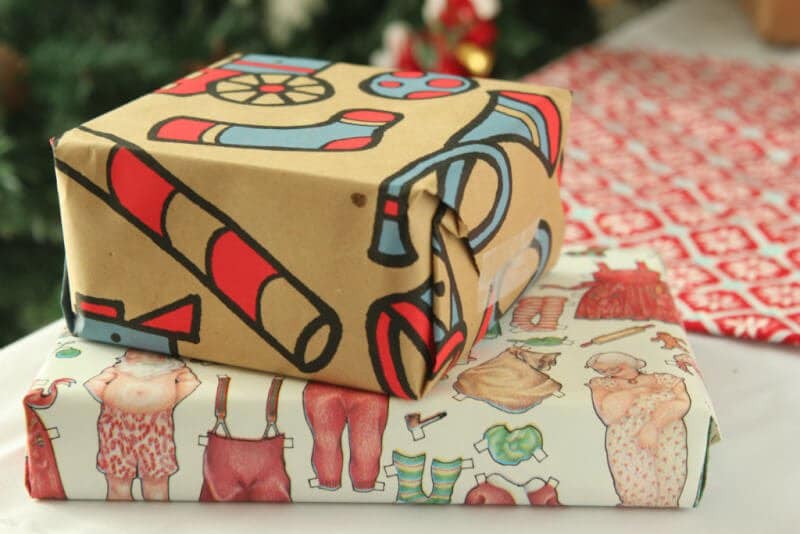 Vintage Christmas wrapping paper perfect for a gift exchange game