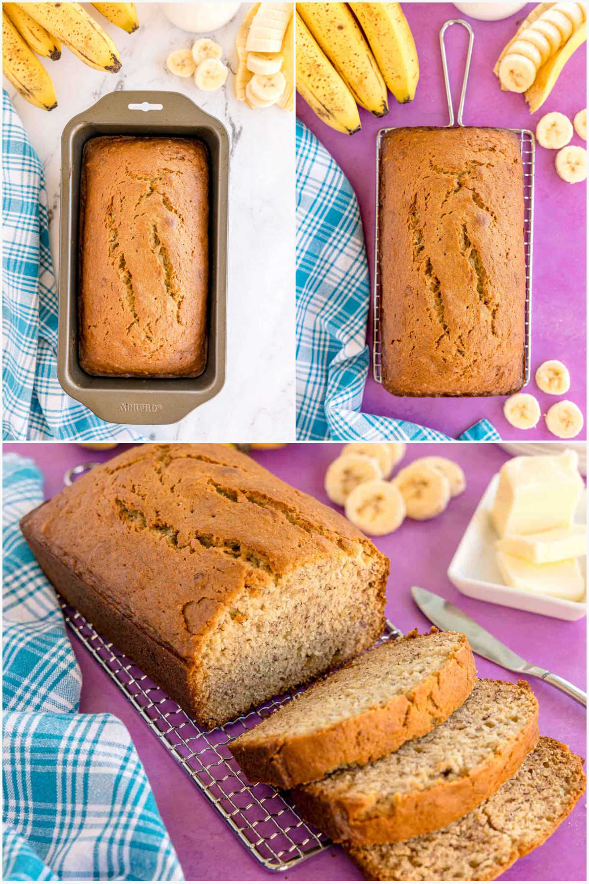 collage of four images showing banana bread being baked