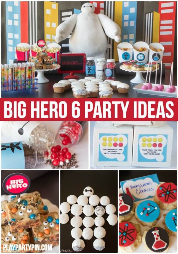 All sorts of fantastic Big Hero 6 party ideas including the easiest Baymax cupcake cake, awesome Fredzilla monster bars, and honey lemon cookies! Love everything about this Big Hero 6 movie night from www.playpartyplan.com.