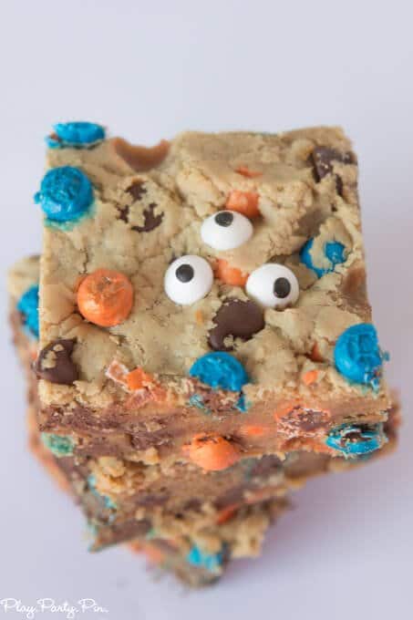 Big Hero 6 inspired Fredzilla monster bars complete with orange and blue chocolate candies and three eyes!