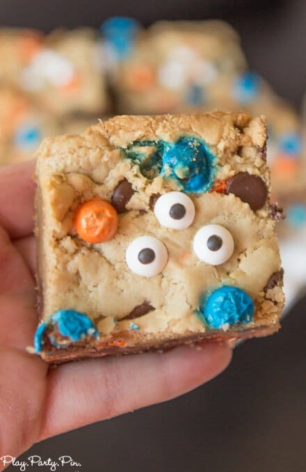 Big Hero 6 inspired Fredzilla monster bars complete with orange and blue chocolate candies and three eyes!