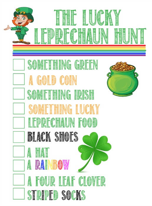 This leprechaun hunt from playpartyplan.com is on my favorite St. Patrick's Day party games! Send them on a hunt to find things that a leprechaun left behind and first one to find all items on the list wins a St. Patrick's Day surprise! 