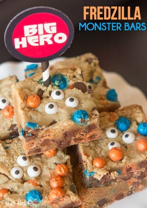 Big Hero 6 inspired Fredzilla monster bars complete with orange and blue chocolate candies and three eyes!