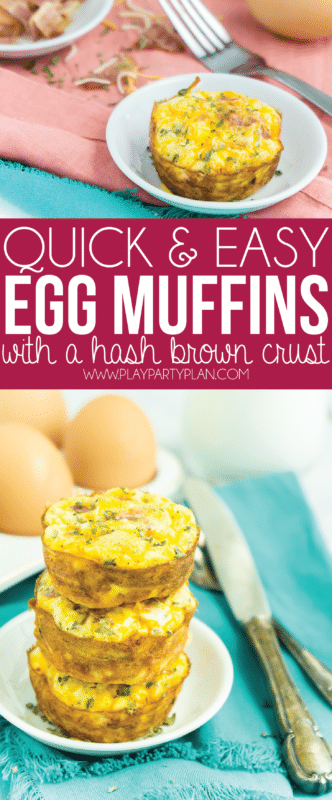 These egg muffins with a hashbrown crust are the perfect make ahead breakfast! Just fill them with bacon or sausage, bake, and pop in the freezer and reheat during the week. So easy! Want to make a low carb version that works for Keto or Whole 30? Simply take out the hash brown crust!