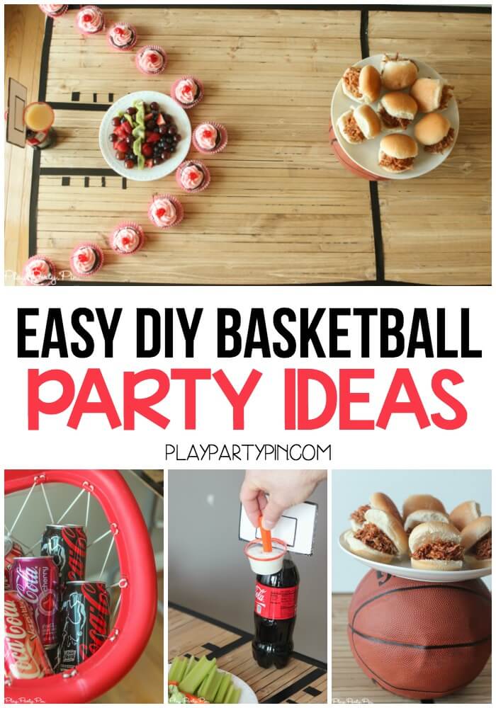 Four easy DIY basketball party ideas including a DIY tabletop basketball court, soda bottle hoops, and more!