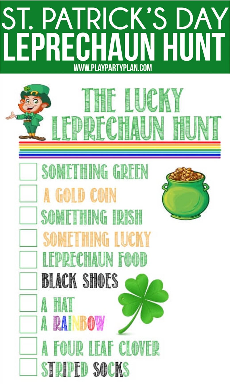 This leprechaun hunt is the perfect St. Patrick’s Day activity! Whether you’re having a party or just entertaining kids at home - this is one of the most fun activities ever! See who can find a shamrock, St. Patrick’s Day decorations, colors, and more! Free printables you can download and print! #StPatricksDay #StPatricksDayParty #kidsactivities