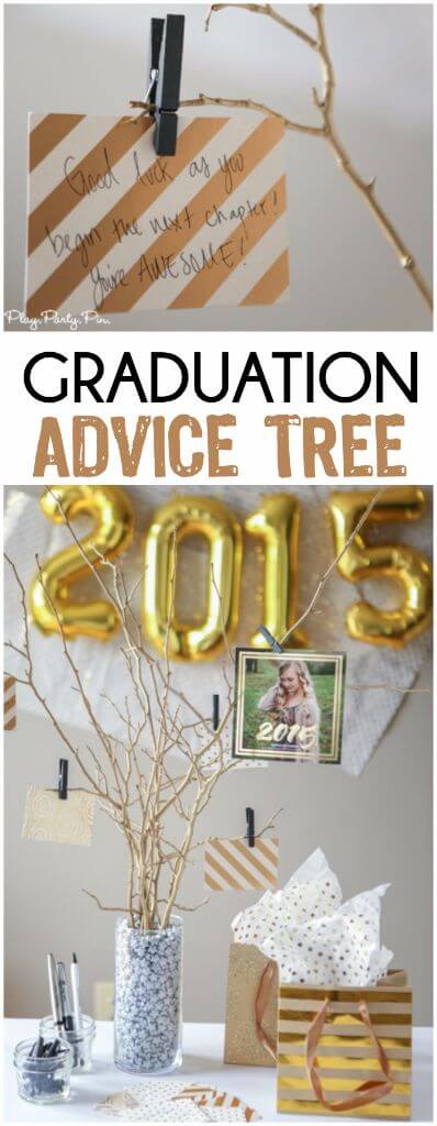 Love this idea of doing a gold foil inspired graduation advice tree, perfect to show off graduation announcements and get advice and congratulations!