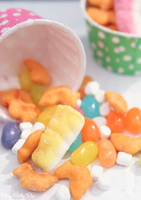 Spring treat mix full of cheddar chicks, white marshmallow clouds, Jelly Belly beans, and sour bunnies