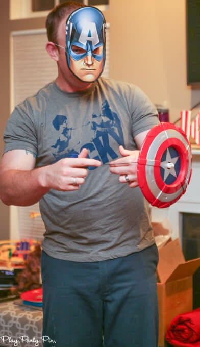 Awesome Captain America shield shooting game idea, love all of these Avengers party games and Avengers party ideas!