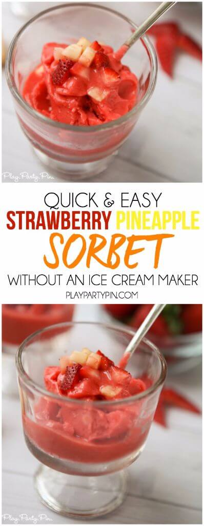 Quick and easy strawberry pineapple sorbet recipe that's the perfect post-workout or healthy treat for a hot summer day! 