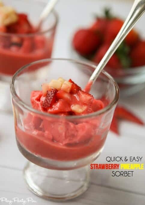 Quick and easy strawberry pineapple sorbet recipe that's the perfect post-workout or healthy treat for a hot summer day! 