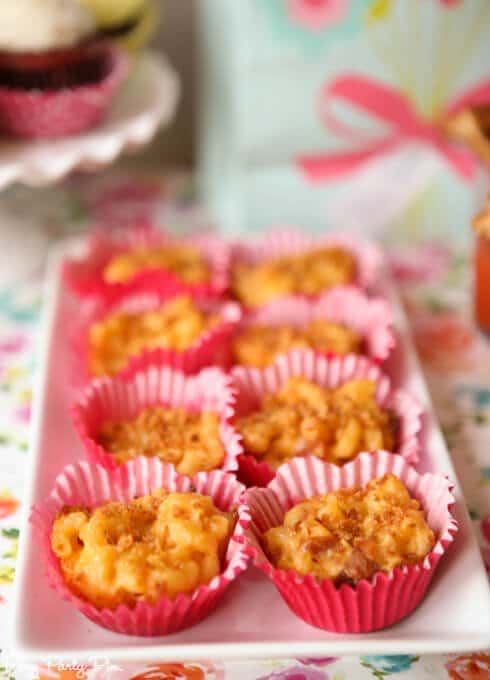 Macaroni and cheese cups, perfect for a party or shower. Serve in cute cups to stick with your theme. 