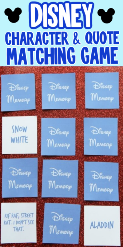 Disney matching game printable that has you trying to guess Disney characters and quotes