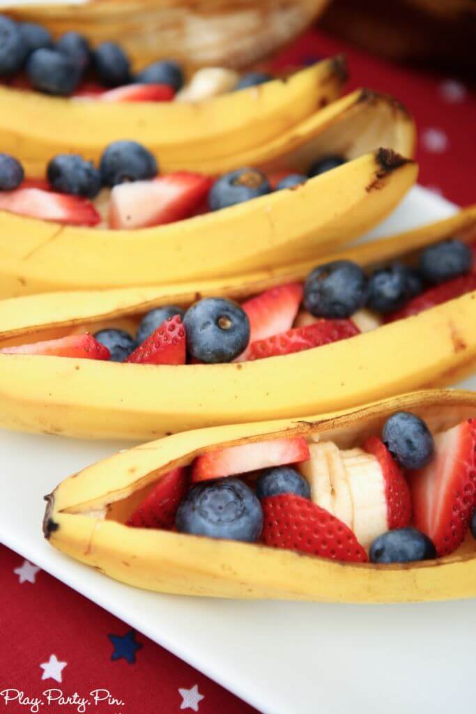 Red, white, and blue fruit banana boats and tons of other nautical party ideas and 4th of July party ideas