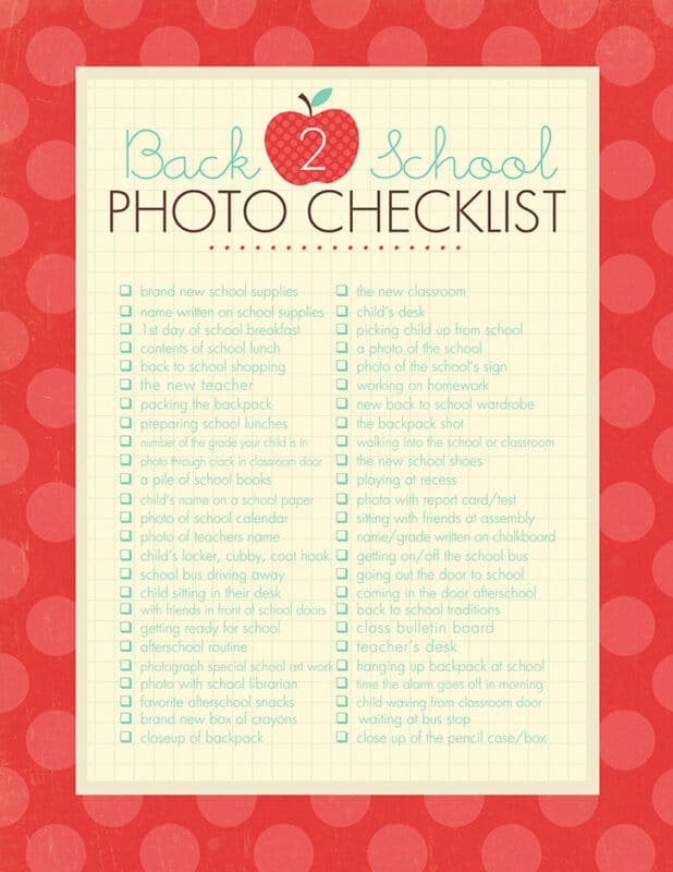 Back to school photo checklist with a red background