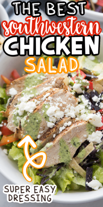 Bowl of southwestern chicken salad with text for Pinterest