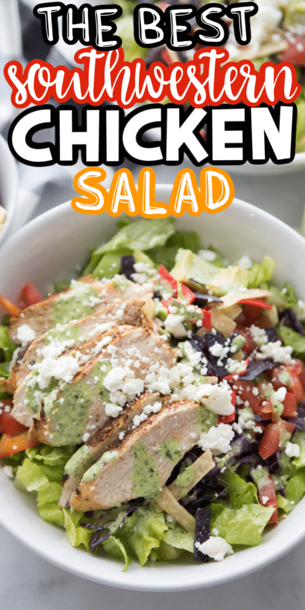 Bowl of southwestern chicken salad with text for Pinterest