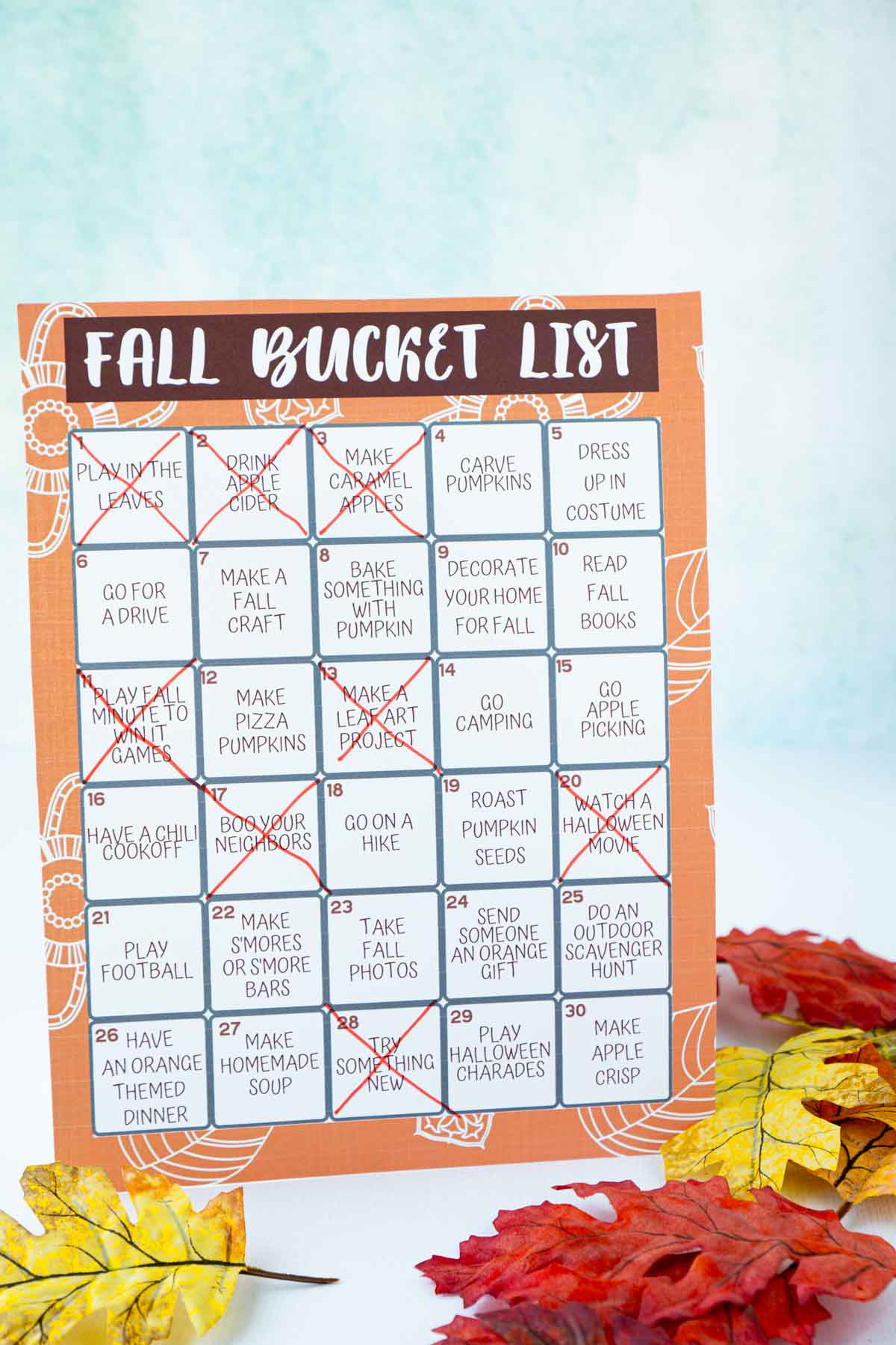 A fall bucket list with items crossed off surrounded by fake leaves
