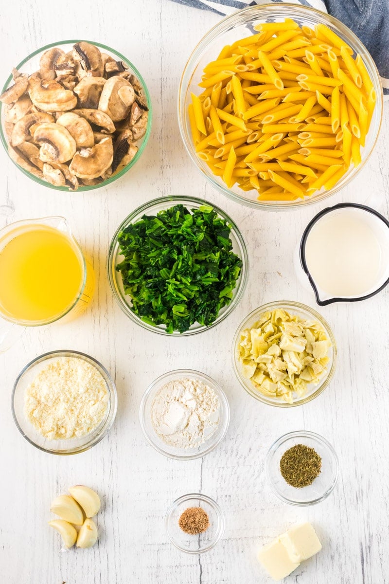 Ingredients for spinach and artichoke pasta